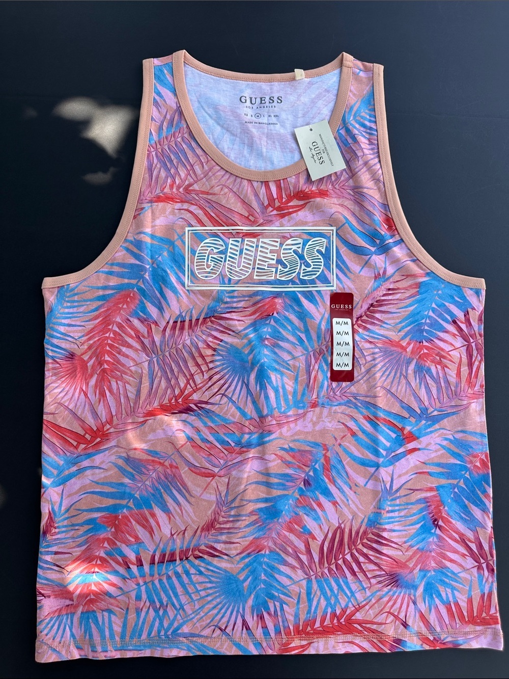 GUESS Pink & Blue Palm-Print Tank Top SZ M